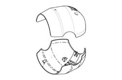 Zwei-fach technische Zeichnung eines Helms, bestehend aus Ober- und Unterteil.