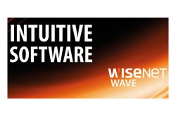 Ein Bild mit dem Text "INTUITIVE SOFTWARE" und "WISENET WAVE" vor einem orange-schwarzen Verlaufshintergrund.