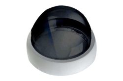 Eine schwarze Dome-Kamera mit transparentem Gehäuse auf weißem Hintergrund.