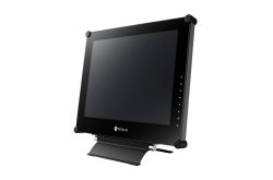 Ein schwarzer Neovo-Monitor mit stabilem Standfuß in seitlicher Ansicht.