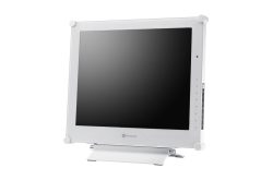 Ein weißer Neovo-Monitor mit einem rechteckigen Rahmen und Bedienelementen an der Seite.