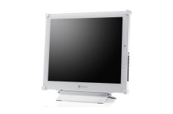 Ein weißer Computer-Monitor mit der Aufschrift "neovo" auf der Vorderseite, stehend auf einem weißen Ständer.