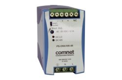 Netzteil mit der Aufschrift "comnet Communication Networks" und Modellnummer "PS-DRA100-48", mit Anschlüssen und Technischen Spezifikationen auf der Vorderseite.