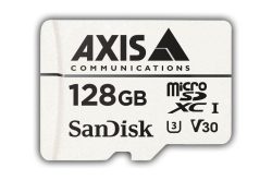 Speicherkarte mit der Aufschrift "Axis Communications", "128 GB", "microSDXC I", "SanDisk", "U3" und "V30".