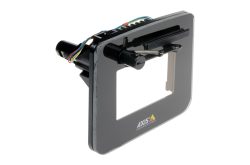 Ein schwarzes rechteckiges Gerät von AxIS Communications mit offenen elektrischen Drähten und Metallklemmen an der Seite.