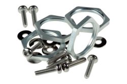 Schrauben, Unterlegscheiben und sechskantige Muttern aus Metall.