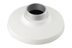 Weiße abgerundete Metallhalterung mit einem zylindrischen Gewindeanschluss in der Mitte.