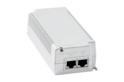Ein weißer Power-over-Ethernet (PoE) Injektor mit zwei Ethernet-Ports, beschriftet mit "Data PWR Out" und "Data In".