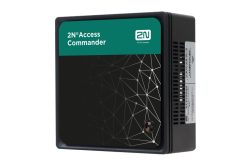 Ein schwarzes elektronisches Gerät mit der Aufschrift "2N® Access Commander" und einem geometrischen Muster auf der Vorderseite.
