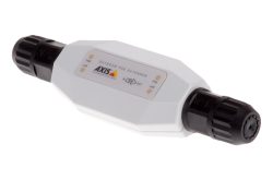 Ein weißer Outdoor PoE-Extender von AXIS Communications mit schwarzer Endkappe.