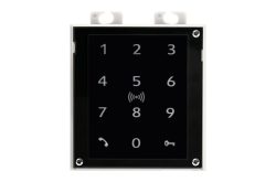 Eine schwarze numerische Tastatur mit Ziffern von 0 bis 9 und Symbolen für eine Klingel und ein Schloss.