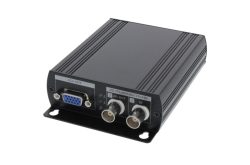 Ein schwarzes Metallgerät mit mehreren Anschlüssen, darunter VGA OUT und zwei runde Anschlüsse für HD-TVI/AHD/HDCVI/CVBS.
