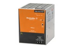 Ein Netzteil von Weidmüller PROeco mit orange-schwarzer Gehäusefarbe und verschiedenen technischen Spezifikationen auf der Vorderseite.