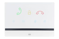 Ein weißes elektronisches Bedienfeld mit Symbolen für Anrufannahme, Schloss, Anrufbeendigung, Lautstärke und Stummschaltung.