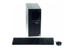 Ein schwarzer Desktop-Computer mit USB-Anschlüssen auf der Frontblende, einer schwarz-silbernen Struktur, dazugehörige schwarze Tastatur und Maus.
