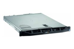 Ein flacher, grauer Server mit schwarzer Vorderseite und dem Logo von Axis Communications.