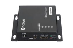 Ein schwarzer HDMI-Über-IP-Extender-Sender von Neovo mit Anschlüssen für DC/5V, IR TX, Reset, HDMI Input, Status- und Power-LEDs.