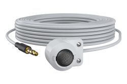 Weißes Flachbandmikrofon mit langem Kabel und 3,5-mm-Klinkenstecker.