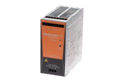 Ein Netzteil von Weidmüller der Serie PROmax, Modell 240W, 48V, 5A, mit orangefarbener Front und mehreren Anschlüssen oben.