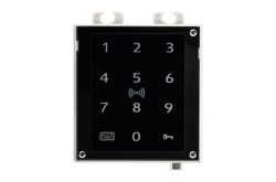 Ein numerisches Touchpad mit den Zahlen 0 bis 9 und einem Symbol für drahtlose Kommunikation, mit quadratischer Anordnung auf schwarzer Oberfläche.