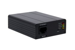 Ein schwarzes elektronisches Gerät mit Ethernet-Anschluss und mehreren LED-Anzeigen auf der Vorderseite, bezeichnet mit "PD-AUX", "Data-Link", "Join-Link" und "Power".