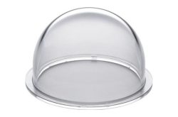 Eine transparente Abdeckhaube aus Kunststoff auf einem flachen Teller.