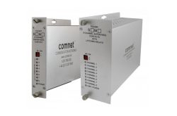 Zwei silberne Kommunikationsmodule mit Beschriftungen für Kanäle, LEDs und Kontaktinformationen von Comnet.