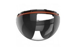 Ein Virtual-Reality-Headset mit schwarzem Visier und einem orangefarbenen Streifen.