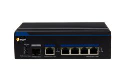 Ein PoE-Netzwerkswitch von eneo mit fünf Ethernet-Ports und Glasfaseranschluss.