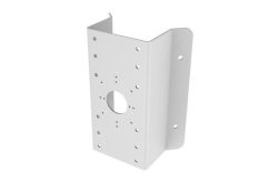 Eine weiße Metallhalterung mit mehreren Löchern zum Befestigen, in einem L-förmigen Design.