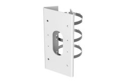 Eine weiße Metallhalterung mit drei Befestigungsbändern und mehreren Schraublöchern.