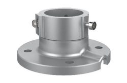 Metallische runde Flanschhalterung mit Schraubenlöchern und seitlicher Klemme.