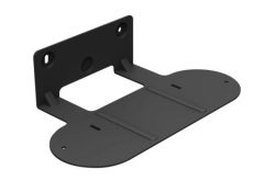 Schwarze, metallische Wandhalterung mit zwei abgerundeten Seiten und mehreren Befestigungslöchern.