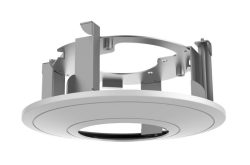 Ein rundes, silbernes und weißes technisches Gerät mit offenen Metallkomponenten und einem kreisförmigen Rahmen.