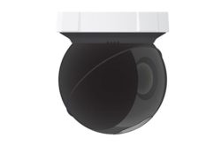 Eine schwarze, kugelförmige Überwachungskamera mit weißem Gehäuse.