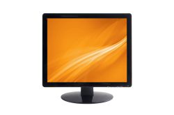 Ein schwarzer Computerbildschirm mit einem orangefarbenen Hintergrund und abstrakten Linien.