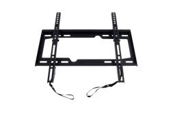 Eine schwarze TV-Wandhalterung aus Metall mit verstellbaren Schienen und Sicherheitsriemen.