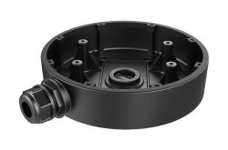 Schwarze runde Metallhalterung mit mehreren Befestigungspunkten und Kabeldurchführung.