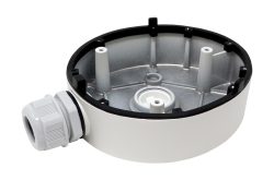 Eine runde Metallbasis mit Montagelöchern und einer Kabelverschraubung an der Seite.