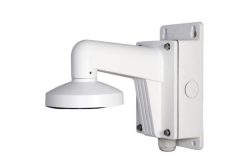 Weiße Wandhalterung aus Metall mit runder Abdeckung an einem abgewinkelten Arm.