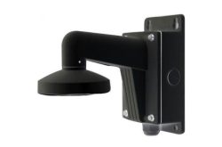 Wandhalterung für eine Sicherheitskamera, schwarz, mit schwenkbarem Arm und montierbarem Plättchen.