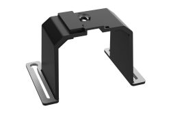 Schwarze Halterung mit rechteckiger Form und zwei Metallschienen zur Befestigung.