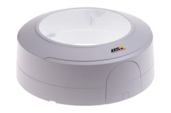 Ein weißer, runder Halter für eine Kamera von Axis Communications.