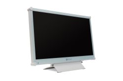 Ein weißer Flachbildschirm-Monitor der Marke Neovo auf einem Standfuß.