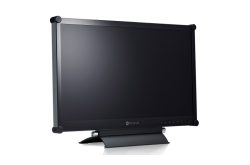 Ein schwarzer LCD-Monitor von neovo mit rechteckigem Bildschirm und stabilem Standfuß.