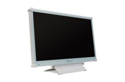 Ein weißer Computerbildschirm mit schwarzem Display, montiert auf einem Standfuß, in schräger Seitenansicht.