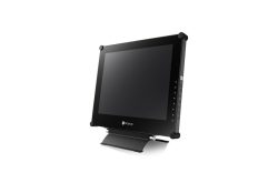 Ein schwarzer Neovo-Monitor mit einem stabilen Standfuß, seitlich dargestellt.