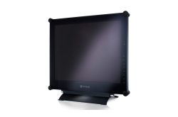 Ein schwarzer Neovo-Monitor mit rechteckigem Bildschirm und einem stabilen Sockel.