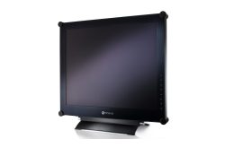 Ein schwarzer Neovo-Monitor mit rechteckigem Bildschirm und hervorgehobenen Ecken, seitlich abgebildet.