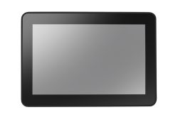 Ein schwarzes Tablet mit einem spiegelnden Bildschirm, in horizontaler Ausrichtung.